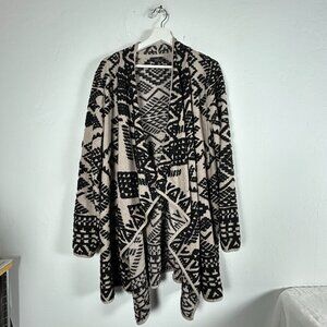 Lucky Brand Womens Aztec Cardigan XL Black Beige Metallic Knit Open Sweater Boho